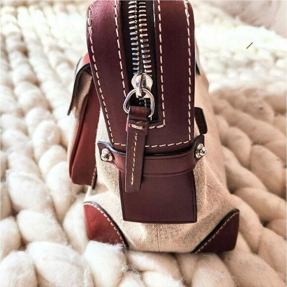 Dooney & Bourke Neutral Canvas Double Push Lock Pocket Satchel, 7.5x13x5 - Picture 2 of 10